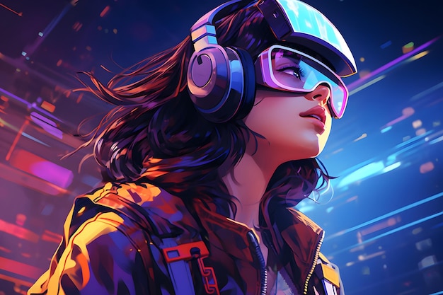 Girl amp Boy Wearing VR Headset Cyberpunk World of Vibrant Colors and Retro