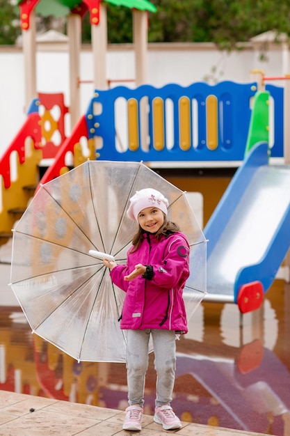 a girl in a bright pink raincoat with a transparent umbrella