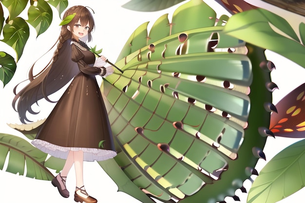 A girl in a brown dress is walking next to a large leaf.