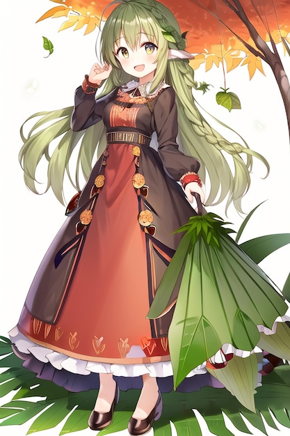 A girl in a brown dress with green hair and a red dress with a flower on the bottom.