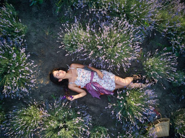 девушка брюнетка красивая лежит в лавандовом поле