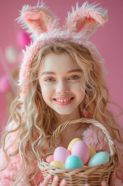 Girl in Bunny Ears Holding Basket With Eggs