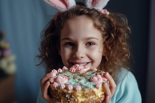 A girl in bunny ears is eating a cake