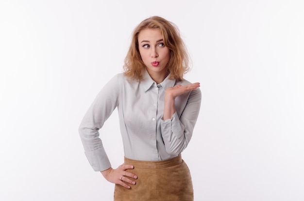 Girl in a business suit on a white background