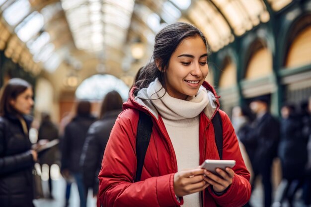 Photo girl buying train ticket with smartphone