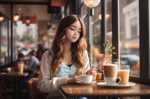 カフェで朝食を食べている女の子 美しい美しい写真