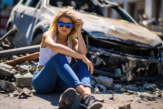 Photo a girl calls on the phone near a broken car after an accident the girl got into an accident crashed into another car into a pole panic sadness anger frustration