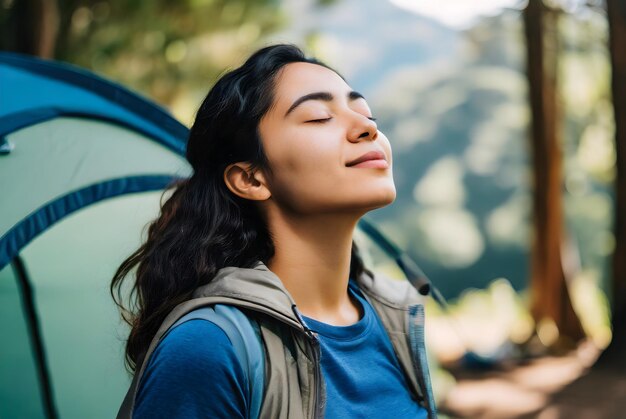 girl camping in the forest while closing her eyes and breathing the fresh air vacation concept nat