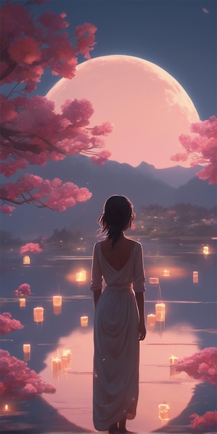 Girl Candle Illuminated Flowers Windy Lake Moon Look At Camera Prefect Face Half Body