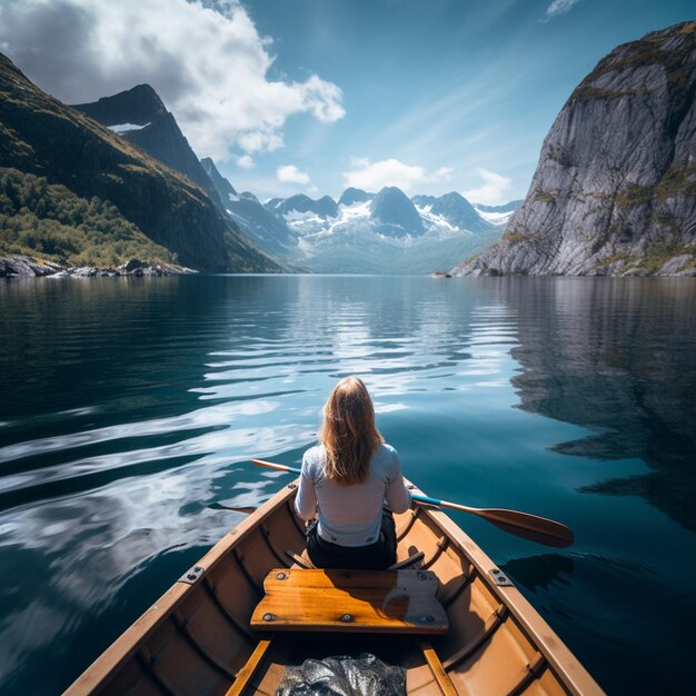 a girl in a canoe floating on the water