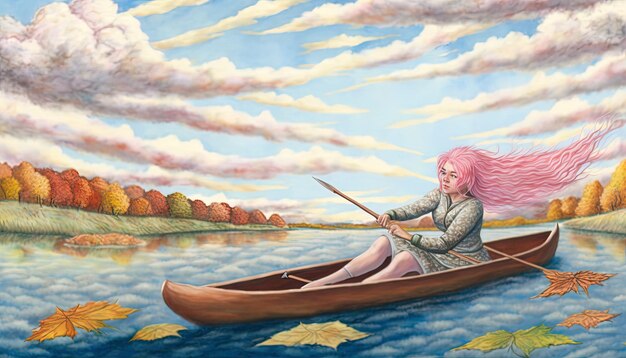 a girl in a canoe with pink hair is on a river