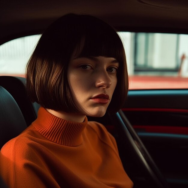 a girl in a car with a red sweater on.