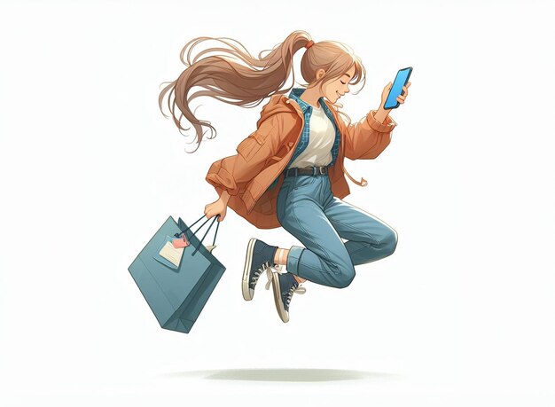 Photo a girl carrying shopping bag and a phone smiling happy online order ecommerce purchase delivery buy