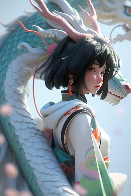 girl cartoon character in traditional dress with dragon AI generative