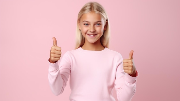 A girl in casual clothes shows thumbs up with both hands and smiles cutely on an isolated background