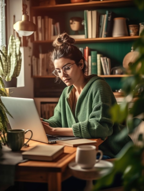 Girl in Casual Clothes Working Online with Laptop