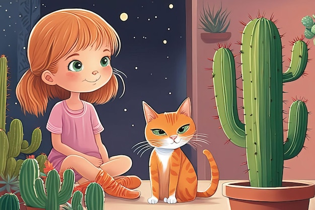 Photo a girl and a cat are sitting on the ground and a cactus.