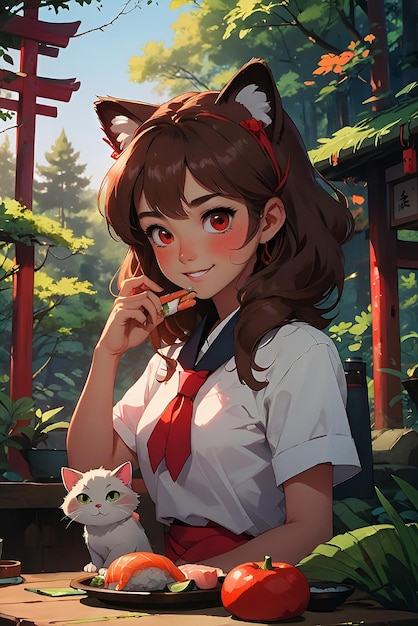 A girl in a cat ear eating Japanese food in a forest