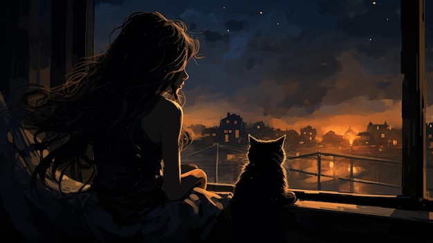 Foto una ragazza e un gatto che guardano fuori da una finestra al tramonto