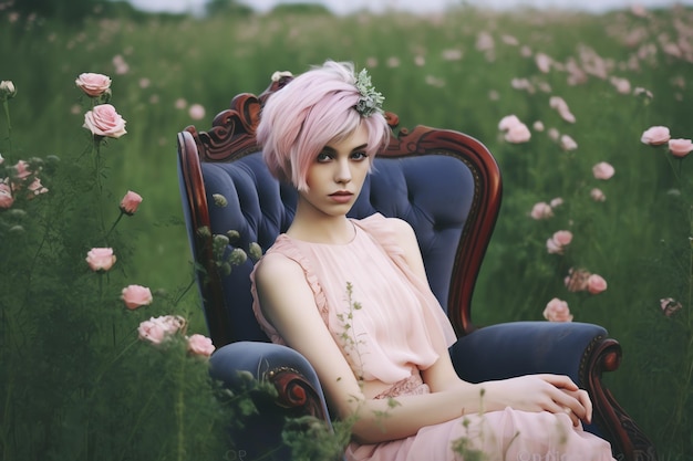 머리에 꽃을 이고 의자에 앉은 소녀