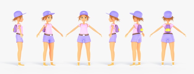 Photo girl character rotation animation front side and rear view 3d render young contemporary woman with backpack in purple cap and shorts full body height cartoon female personage set