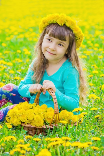 Girl, child, flowers in the spring plays. 