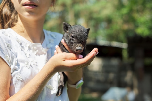 검은 신생아 새끼 돼지의 손에 들고 여자 아이. 농장, 농업, 국가, 애완 동물, 어린이 개념