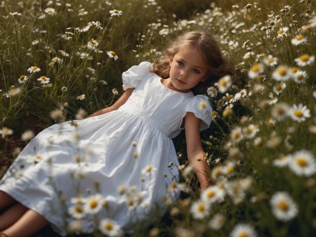 Girl child lies on a camomile field AI Generative