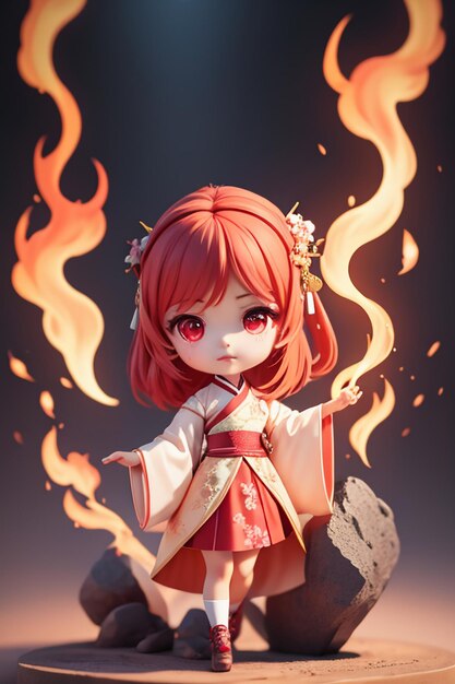 Девушка в китайском красном чонсаме играет с огнем восточный маг манипулирует элементом огня
