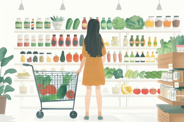 The girl chooses food on the supermarket counter