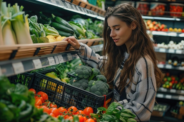 The girl chooses vegetables for herself on the store counter