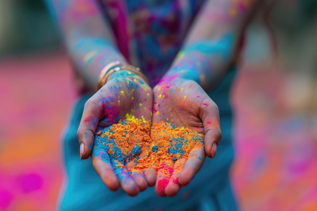Photo girl clapping with colors during holi celebration