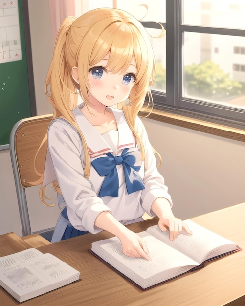 A girl in a classroom with a book titled " anime "