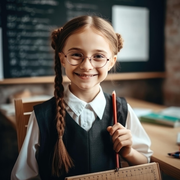 A girl in a classroom with a chalkboard