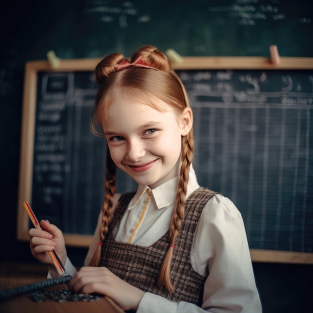 A girl in a classroom with a chalkboard