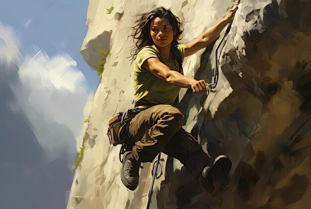 a girl climbs in the style of light amber and green