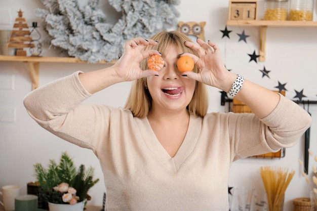 Girl closes her eyes with fruits