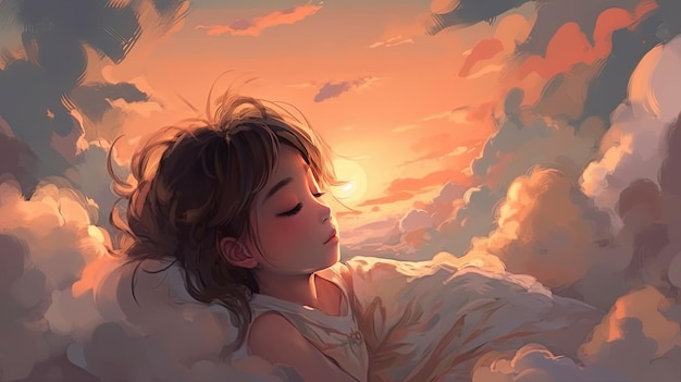 A girl in the clouds with her eyes closed