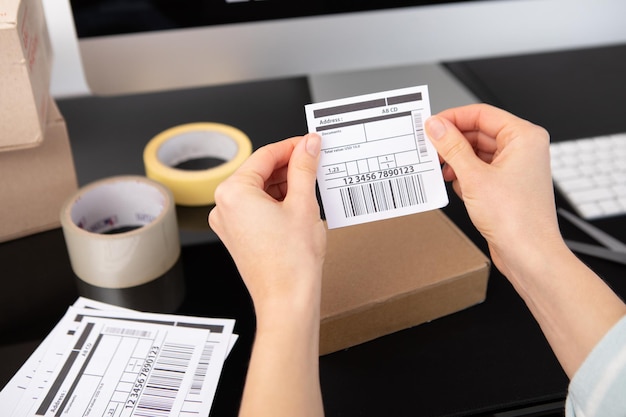 Girl collect her shopping items in post office delivery concept