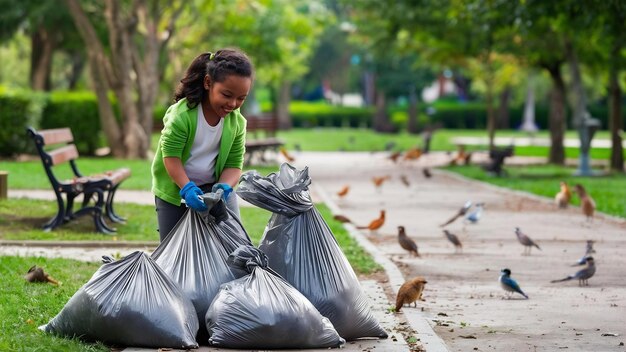 여자 는 공원 에서 쓰레기 가방 에 쓰레기 를 모으고 있다
