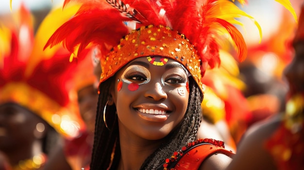 A girl in a colorful costume with the words