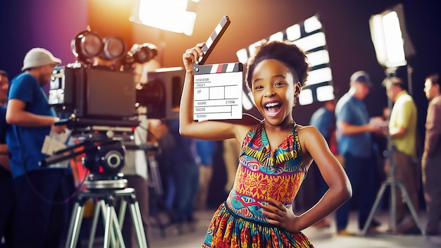 a girl in a colorful dress is holding a camera and smiling