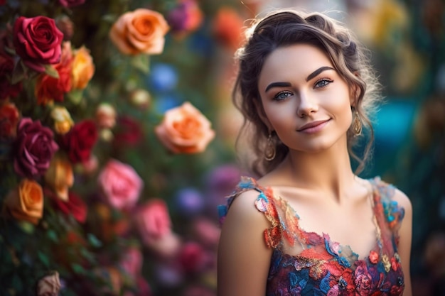 A girl in a colorful dress stands in front of a garden with roses.