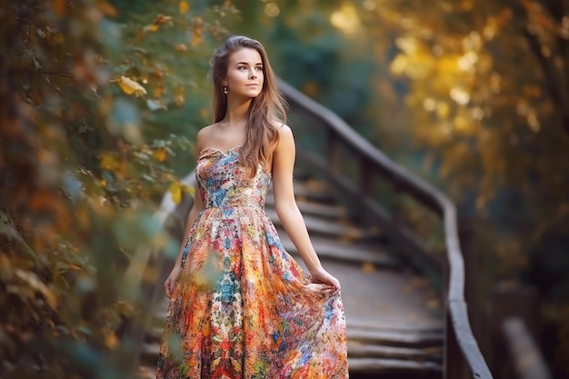 A girl in a colorful dress stands on a wooden stairs in the autumn forest.