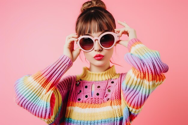 Girl in colorful outfit glasses and sweater posing in pink in the style of kitsch aesthetic