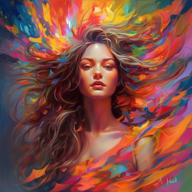 Girl colorful paintings Young lady colorful fantasy portrait artwork with colorful flowers