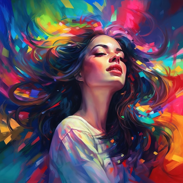 소녀 다채로운 그림 젊은 여인 다채로운 꽃과 함께 다채로운 환상 초상화 예술 작품