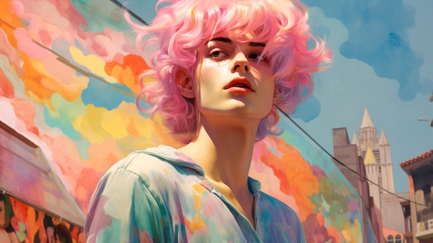 girl in colorful wig with colorful hair in pink