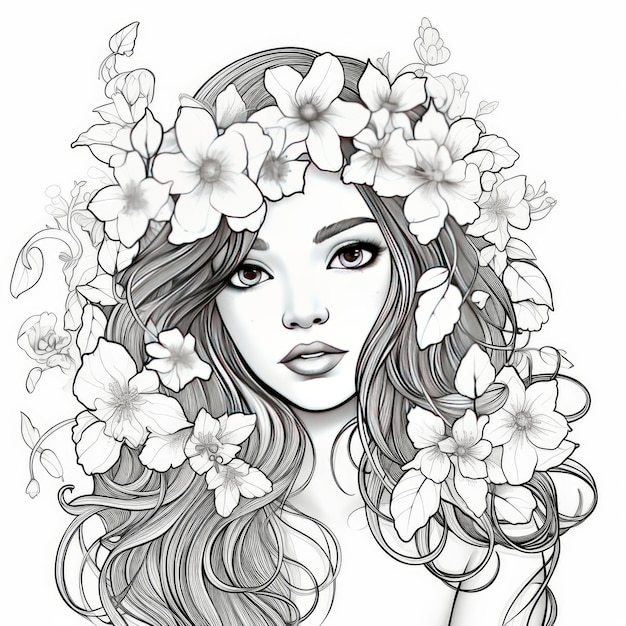 Premium AI Image | A girl on a coloring book page with Jasmine flowers