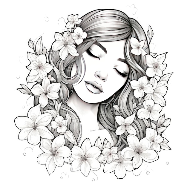 Photo a girl on a coloring book page with jasmine flowers